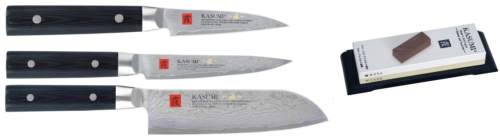 Set de 3 couteaux japonais Kasumi Masterpiece - Forme japonaise + pierre à aiguiser 3000/8000