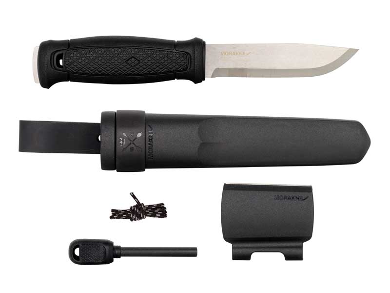 Poignard Garberg, lame pleine soie 11 cm inox - manche noir + kit survie