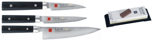 Set de 3 couteaux japonais Kasumi Masterpiece - forme européenne + pierre à aiguiser 3000/8000