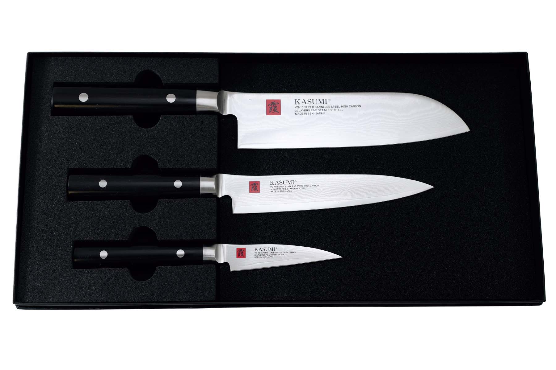 Coffret de 3 couteaux japonais Kasumi Damas (office, universel, santoku)