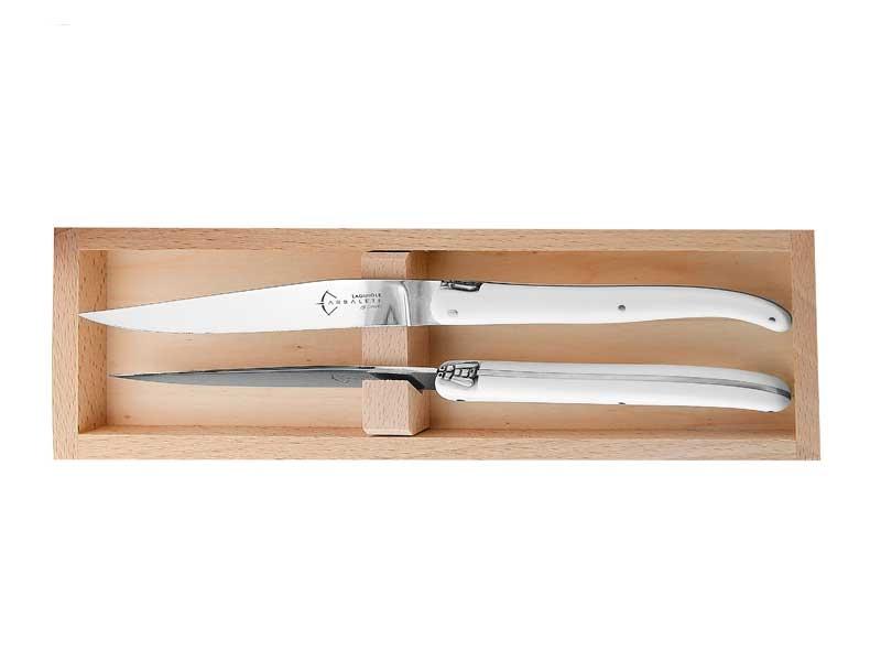 Coffret 2 couteaux table Laguiole G.David 23 cm - plein manche POM blanc