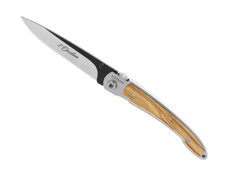 Couteau L'Occitan Liner - manche 11,5 cm plaquettes olivier avec croix occitane